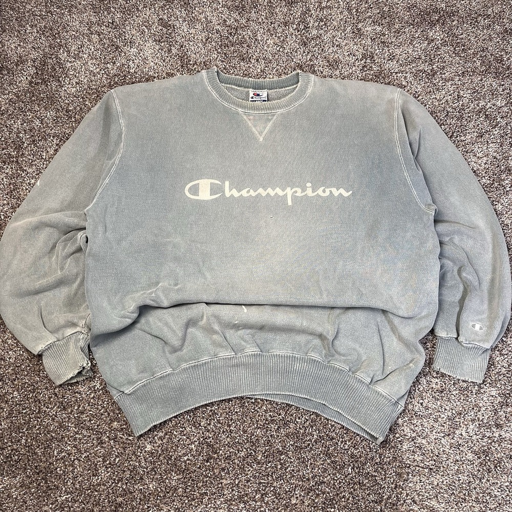 VTG Champion Sweatshirt Mens Size L Gray Spellout Fleece Grunge Distressed 90s